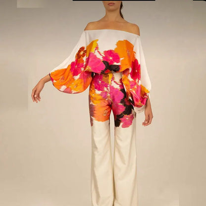 VEITCHE Women Print Outfit  Sleeve Off Shoulder Long Sleeve Blouse Office Lady 2 Piece Sets Spring Autumn Wide Leg Pants Suit