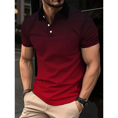 Men's fashion gradient color shirt polo lapel golf shirt short-sleeved printed button clothing, fashionable design, casual and b