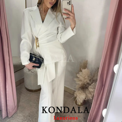 KONDALA Office Lady Chic White Women Blazer Suit Solid Long Sleeve Blazer Long Zipper Pants Fashion 2026 Spring Summer Suit