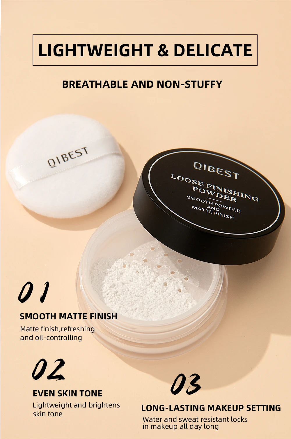 QIBEST 4 Colors Loose Powder Waterproof Oil-Control Matte Finish Compact Setting Powder Long-Lasting Invisible Pores Face Makeup