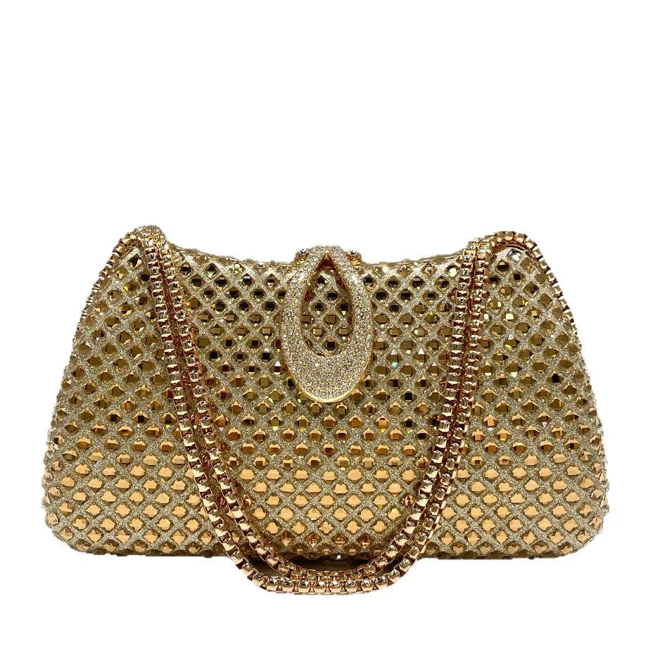 Gold sparkling luxury full diamond box dinner bag, women's fashion temperament high-end handbag clutch