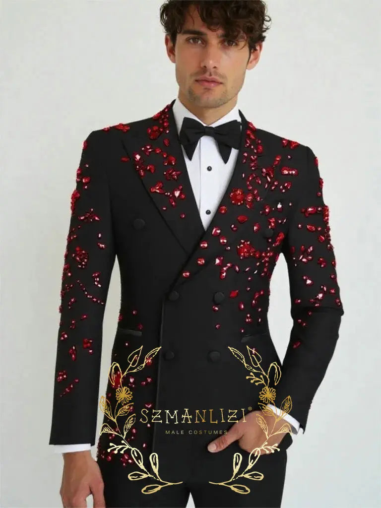 Luxury Gold Crystal 2 Pieces Men's Suits Double Breasted Black Suits Tuxedo Blazer for Wedding Groom Business Dinner Party Suits
