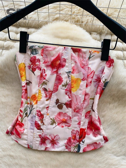 SINGREINY Summer Beach Floral Suits Strapless Sensual Bustier Tank Top+Mini Bud Skirt French Style Women Slim Hotsweet 2Pcs Sets