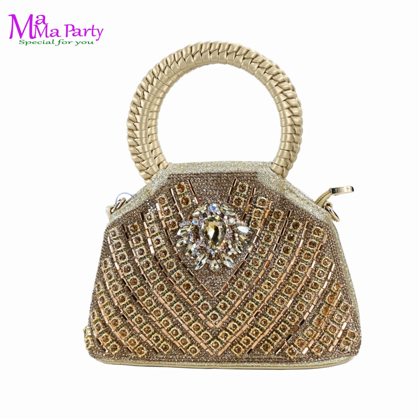 Gold Color New Arrivals Italian Design Nigerian Women Shoes and Bag Set Pointed Toe Slipper with Shinning Crystal for Party