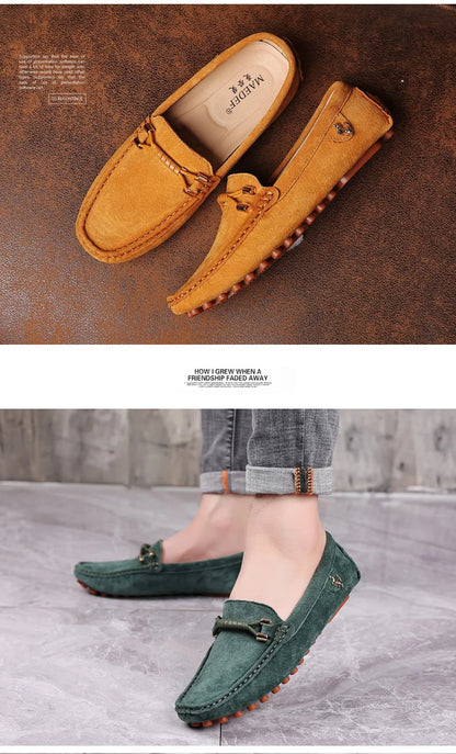 Men Genuine Leather Driving Shoes Metal Buckle Moccasins Slip-On Casual Loafers Men's Comfortable Flats Mocasines