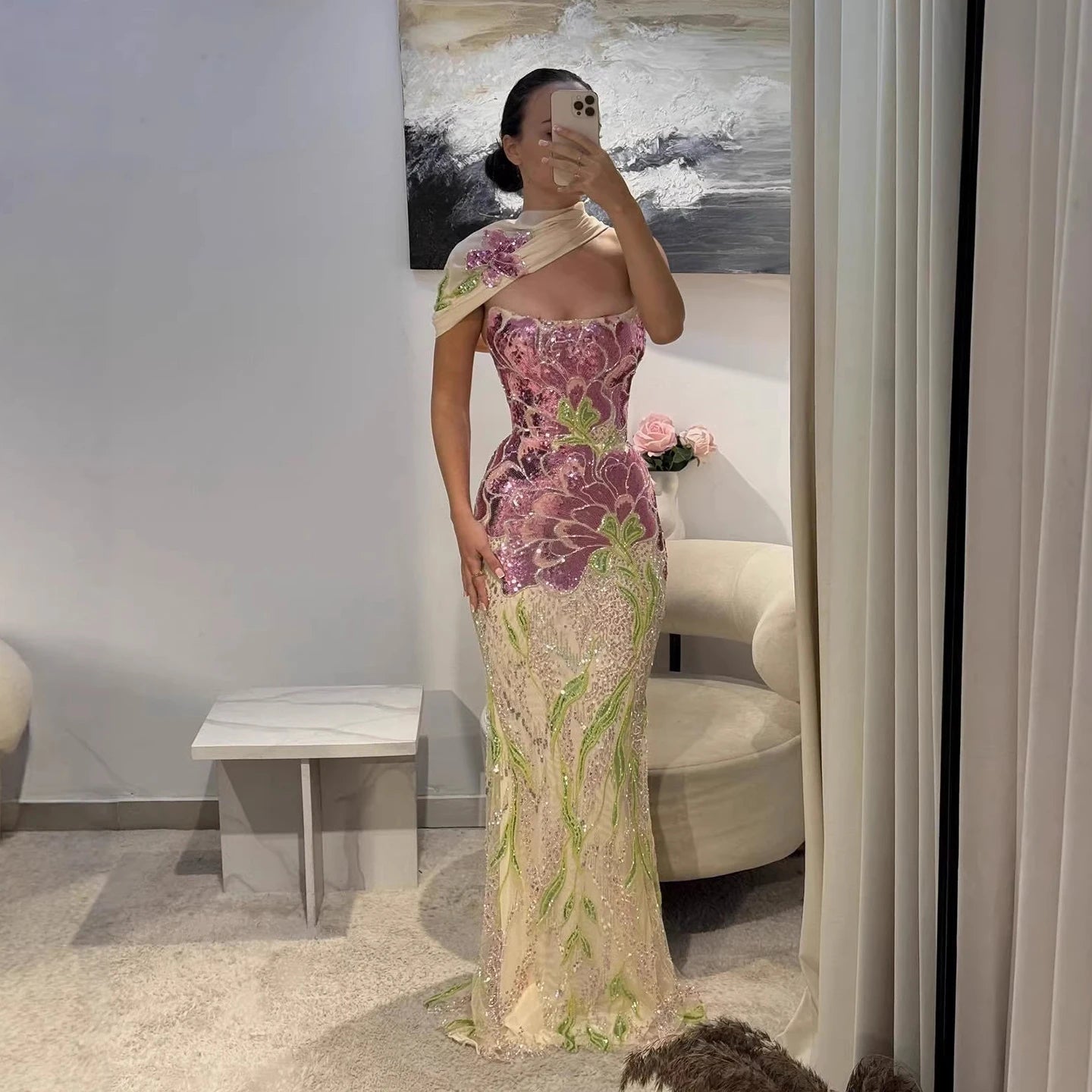 SERENE HILL 2026 Customized Purple Floral Mermaid With Shawl Evening Dress Strapless Women Formal Party Gown CLA73538A