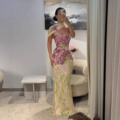 SERENE HILL 2026 Customized Purple Floral Mermaid With Shawl Evening Dress Strapless Women Formal Party Gown CLA73538A