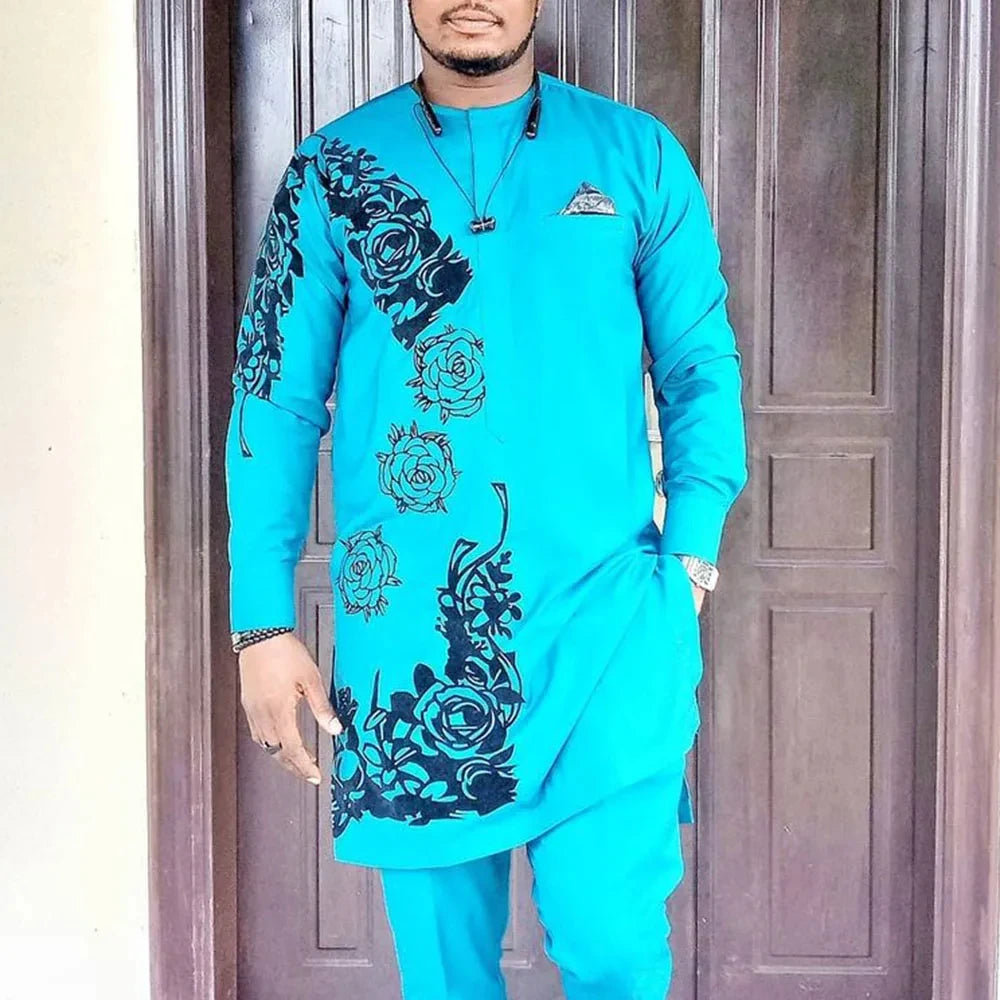 2025 African Sets For Men Autumn Striped Print Casual Dashiki Ethnic Style Long O-Neck Fashion Wedding Two-piece Suit New