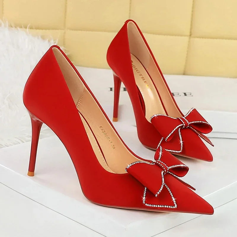 BIGTREE Fashion Korean Version 10cm High Heels Pumps Silk Shallow Pointed Toe Crystal Butterfly BowKnots Lady Red Purple Shoes