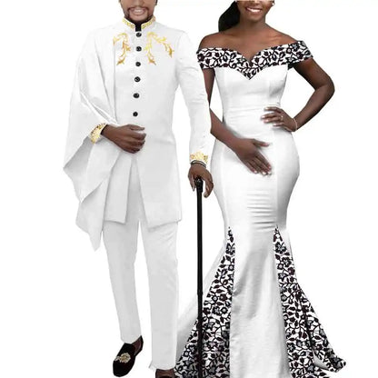 African Couple Matching Clothes for Wedding Women Slim Mermaid Dress Bazin Riche Men Irregular Jacket Pant Sets with Hat Y23C011