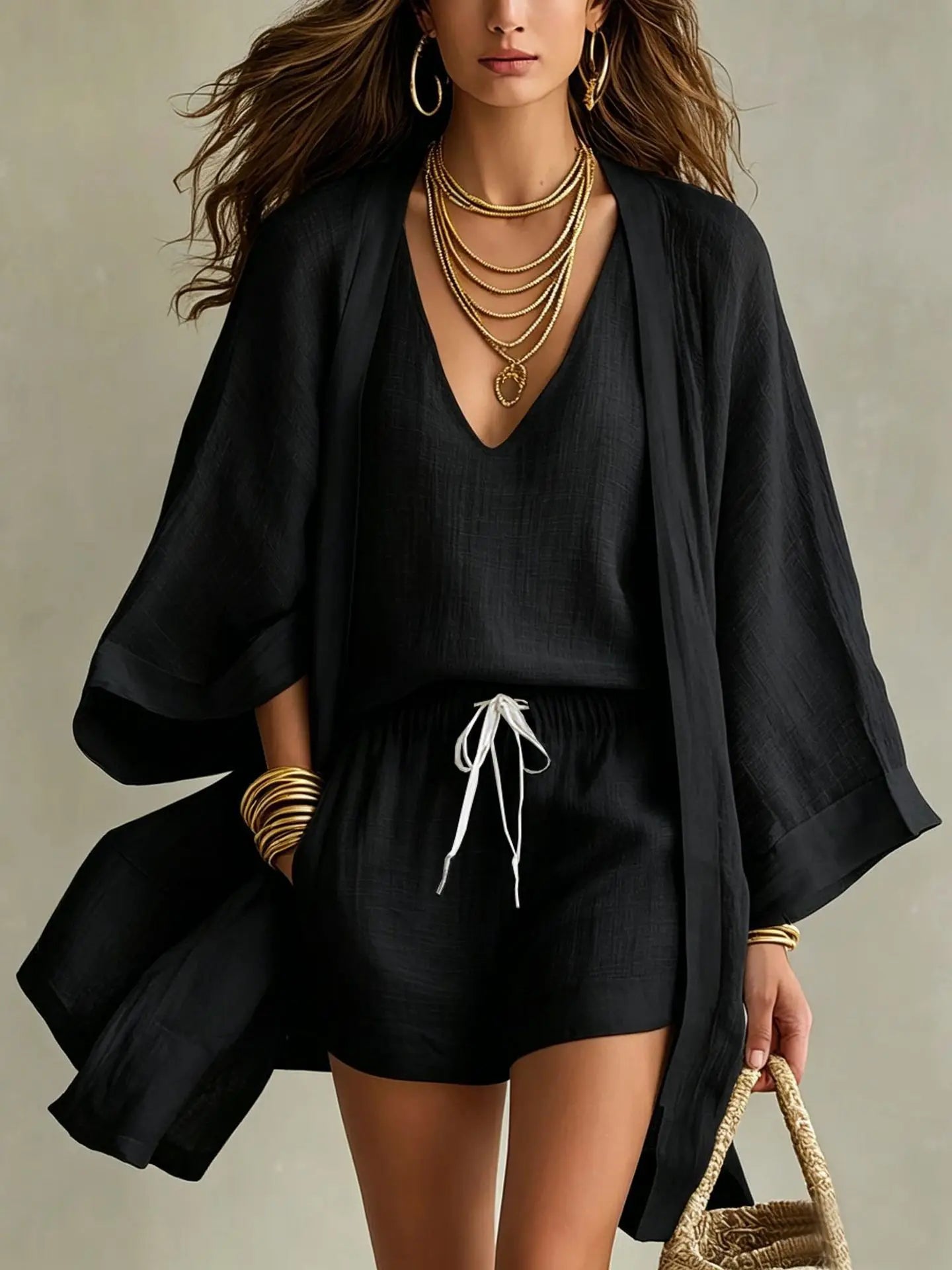 Cotton Linen Summer Women's Suit Elegant 3-piece Sets for Women Sexy V-neck Sleeveless Vest & Short Pant & Cardigan Home Clothes