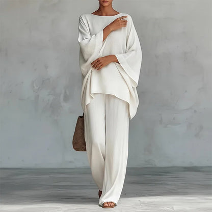 Spring New Fashion Linen Loose Long-sleeved Wide-leg Trousers 2-piece Set Women Casual Retro Elegant Female Simple Suit
