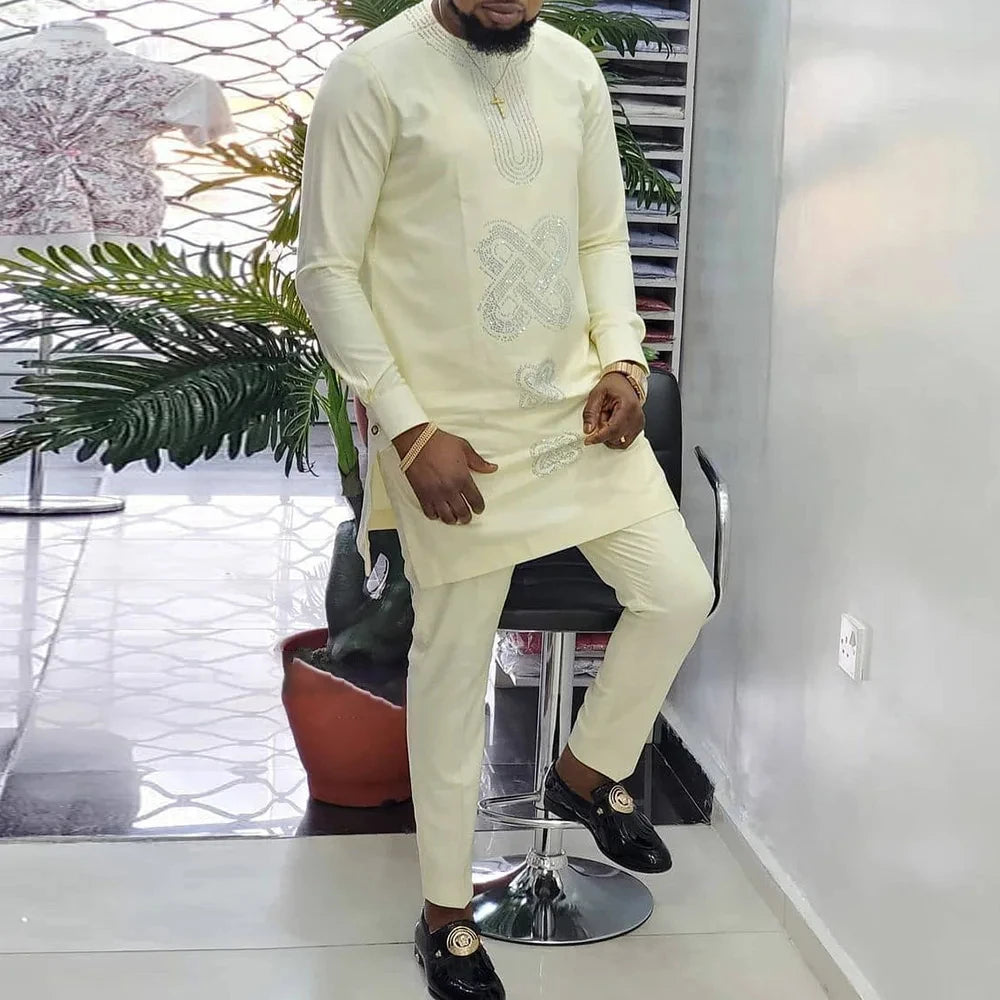2025 African Sets For Men Autumn Striped Print Casual Dashiki Ethnic Style Long O-Neck Fashion Wedding Two-piece Suit New
