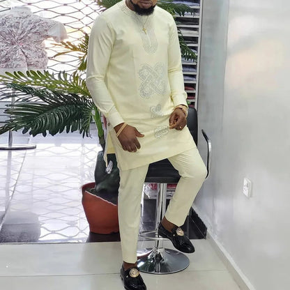 2025 African Sets For Men Autumn Striped Print Casual Dashiki Ethnic Style Long O-Neck Fashion Wedding Two-piece Suit New