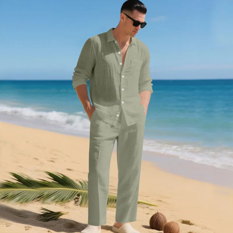The 2026 Summer Men's linen short-sleeved shirt set is a two-piece long pants set suitable fordaily casual beach vacations 2Pcs