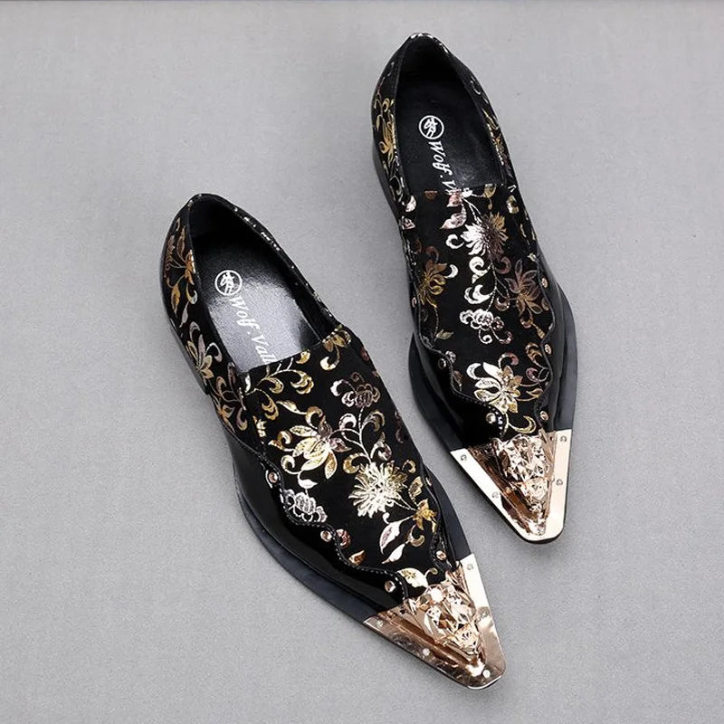 Italian Style Gentleman Dress Shoes Men black Metal Pointed Toe Snake Grain Genuine Leather Shoes Business Party Shoes Men Flat