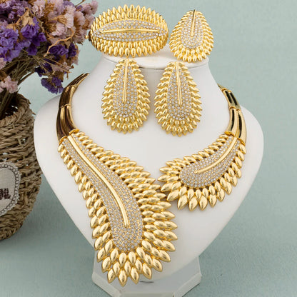 Trendy Colorful Jewelry Set for Women Zircon Collor Earrings and Necklace Large Gold Plated Bracelet Ring New Style Jewelry Gift