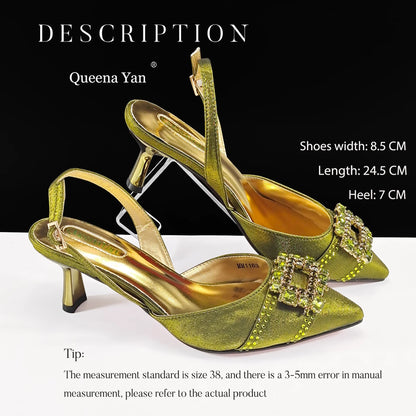 Queena Yan Nigeria Elegant Noble Party Wedding Shoes And Bag Pointed Toe Decorated With Rhinestone Women Heel Shoes