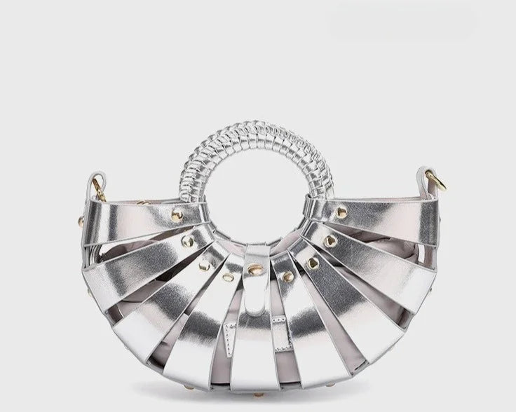 New Women's Fashionable Ring Design Crossbody Bag Hollowed Out Inner Bag Shell Bag Vegetable Basket Handbag Retro Woven Handbag