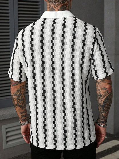 Summer Men's Knit Short Sleeve Shirt, Vintage Plaid Pattern Casual Button Up Top, Breathable Textured Fabric for Daily Vacation
