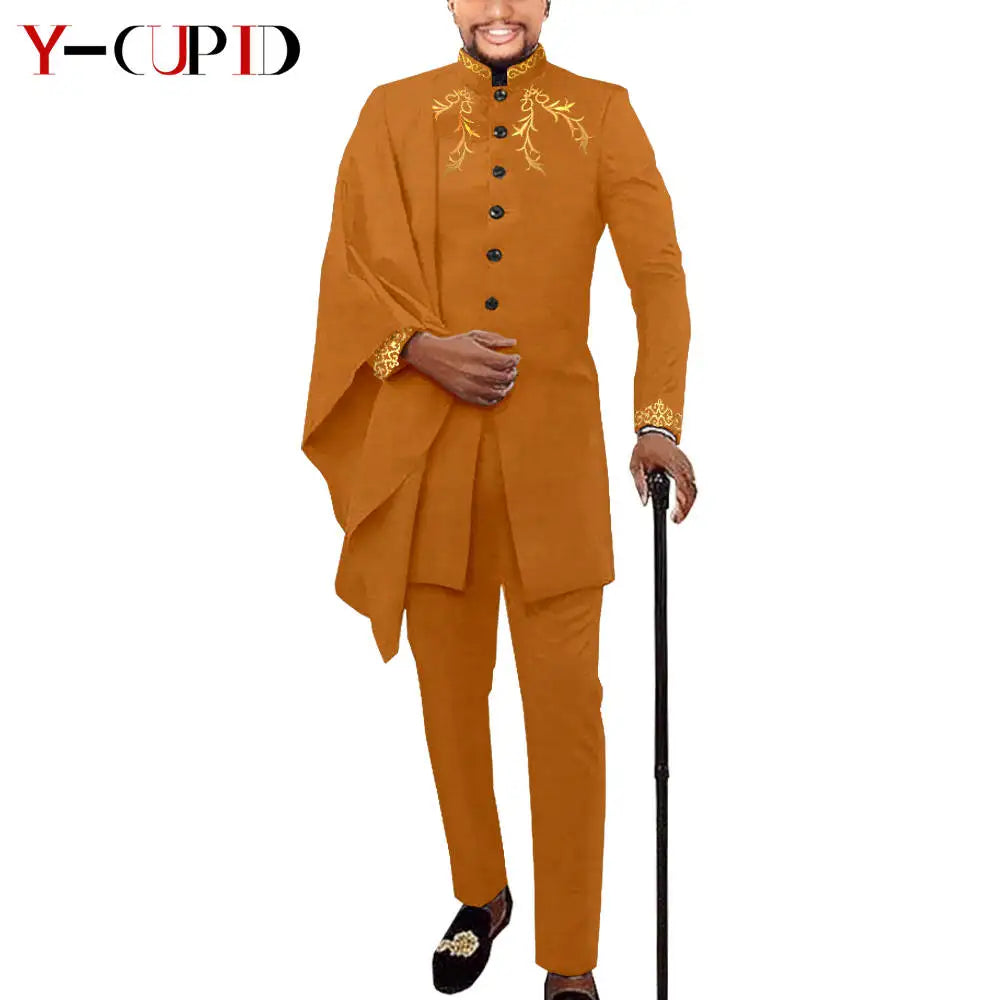 African Couple Matching Clothes for Wedding Women Slim Mermaid Dress Bazin Riche Men Irregular Jacket Pant Sets with Hat Y23C011