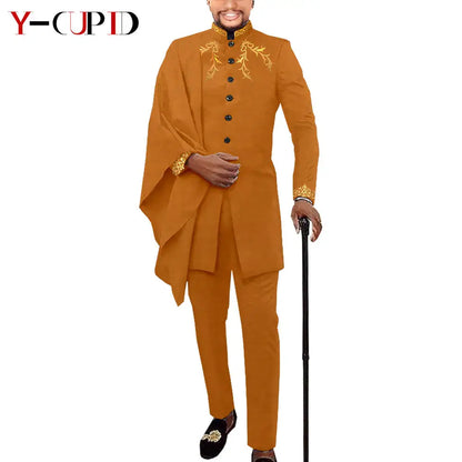 African Couple Matching Clothes for Wedding Women Slim Mermaid Dress Bazin Riche Men Irregular Jacket Pant Sets with Hat Y23C011