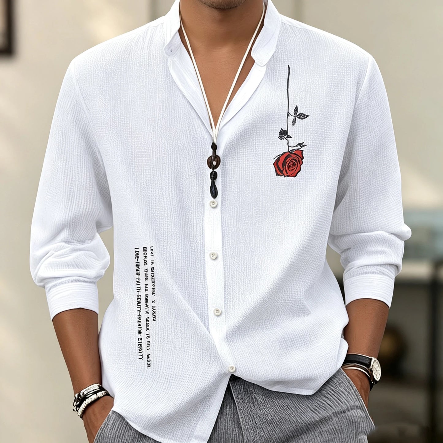 Men's stand-up collar three-quarter sleeve shirt, short print breathable shirt, loose-fitting cardigan for summer vacation.
