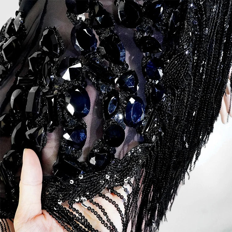 Sexy Mesh Sheer Black Rhinestone Tassel Bodysuit Women Singer Dancer Stage Show Outfit Nightclub Leotard Party Performance Wear