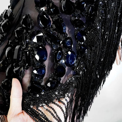 Sexy Mesh Sheer Black Rhinestone Tassel Bodysuit Women Singer Dancer Stage Show Outfit Nightclub Leotard Party Performance Wear