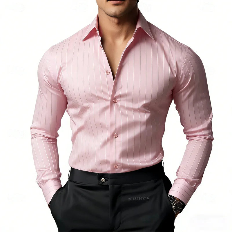 Men's Striped Long-Sleeved Shirt, Business Casual, Versatile, with Lapel Collar and Button Design, Available in 19 Colors.