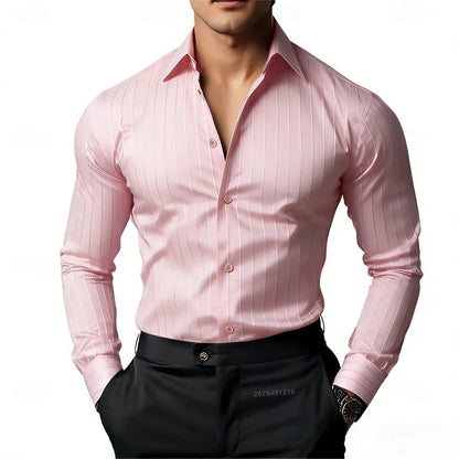 Men's Striped Long-Sleeved Shirt, Business Casual, Versatile, with Lapel Collar and Button Design, Available in 19 Colors.