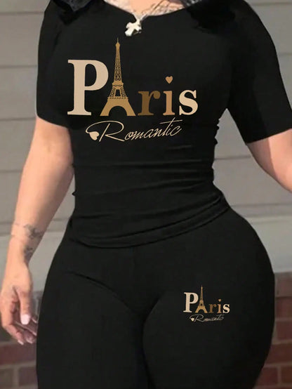 2026 Women's New Paris Printed Two-Piece Set, Casual Short-Sleeved Round Neck T-Shirt and Tight Pants Long Pants Set