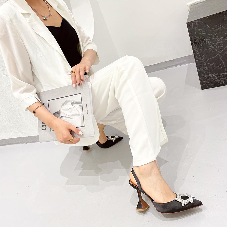 Aneikeh Brand Women Silk High Heels Luxury Crystal Butterfly Knot High Heels Summer Pointed Shoes Triangle Heeled Bride Pumps