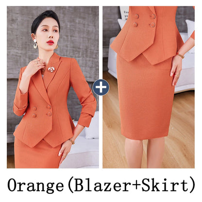 New Arrival Elegant Ladies Formal Skirt Suit Women Orange Blue Pink Long Sleeve Female Blazer Set for Business Work Wear