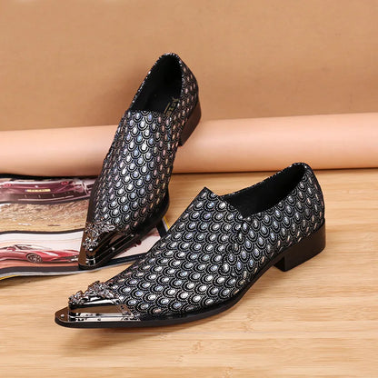 2024 Western Fashion Pointed Metal Toe Dress Shoes Blue Grey Party Wedding Leather Shoes for Men