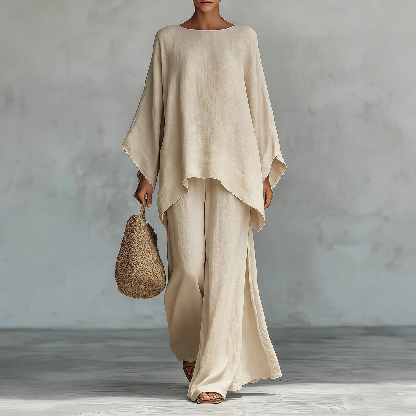 Spring New Fashion Linen Loose Long-sleeved Wide-leg Trousers 2-piece Set Women Casual Retro Elegant Female Simple Suit