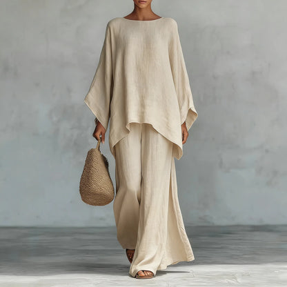 Spring New Fashion Linen Loose Long-sleeved Wide-leg Trousers 2-piece Set Women Casual Retro Elegant Female Simple Suit