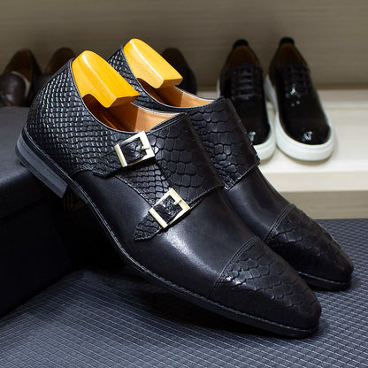 Luxury Double Buckle Monk Strap Men's Dress Shoes Genuine Leather Classic Crocodile Pattern Formal Business Office Footwear