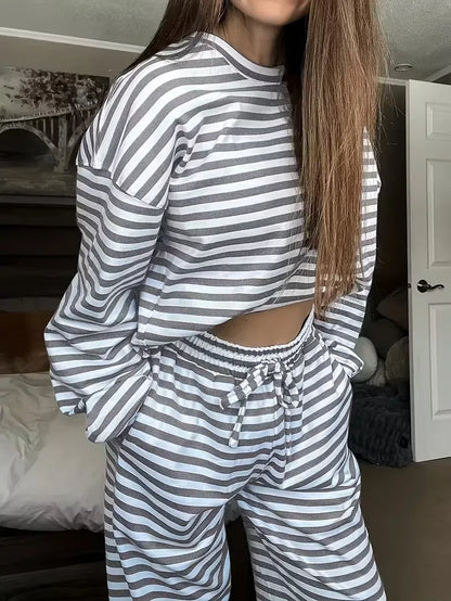 New Simple Striped Suit Simple  Loose Comfortable Lazy Style Long-sleeved Round Neck Pullover Top Lace-up Trousers Two-piece Set