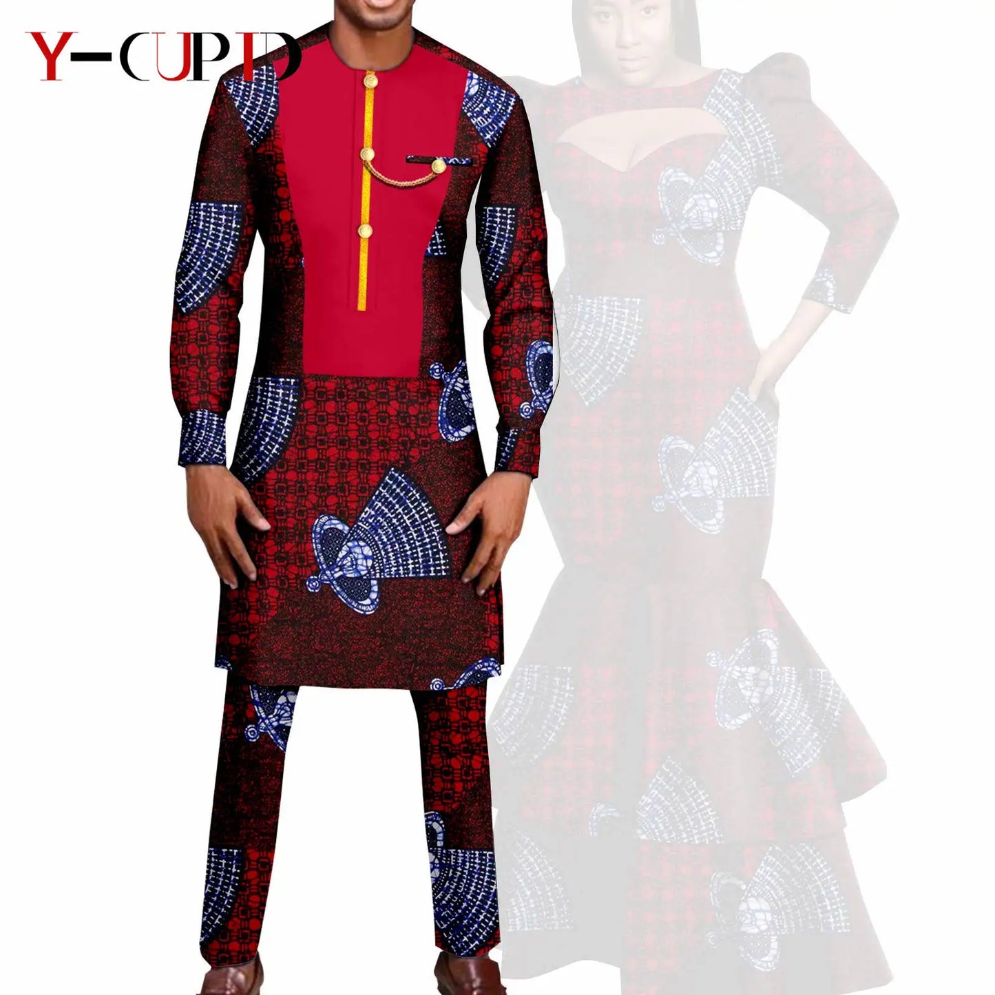 African Print Long Dresses for Women Matching Men Outfit Dashiki Top and Pant Sets Couples Clothes Kaftan Party Outwear Y23C054