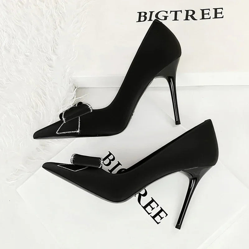 BIGTREE Fashion Korean Version 10cm High Heels Pumps Silk Shallow Pointed Toe Crystal Butterfly BowKnots Lady Red Purple Shoes