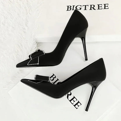 BIGTREE Fashion Korean Version 10cm High Heels Pumps Silk Shallow Pointed Toe Crystal Butterfly BowKnots Lady Red Purple Shoes