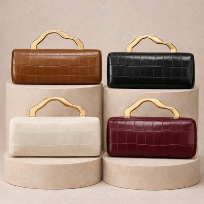 Luxury Burgundy Crocodile Pattern PU Evening Clutch with Gilded Shaped Handle for Ladies Fashionable Party Handbag