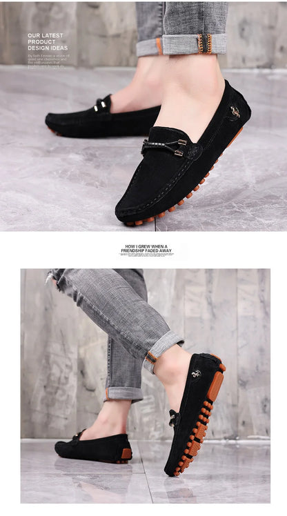 Men Genuine Leather Driving Shoes Metal Buckle Moccasins Slip-On Casual Loafers Men's Comfortable Flats Mocasines