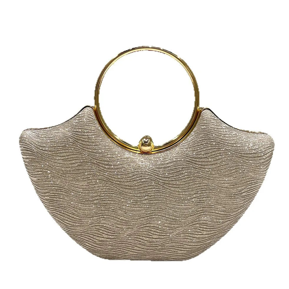 Gold shiny elegant water ripple ring handbag, women's fashion temperament dinner bag, bridal evening dress bag