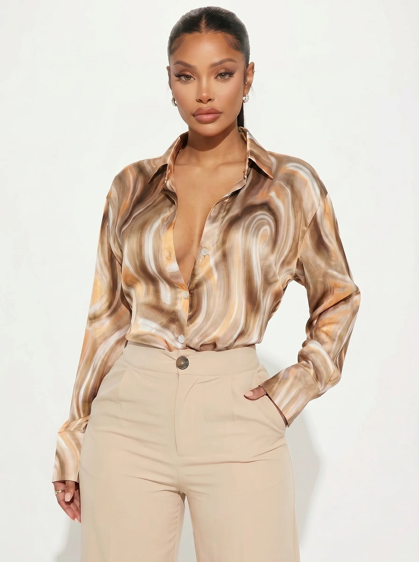 Plus Size Women's Swirl Pattern Button Up Shirt, Long Sleeve Point Collar Loose Fit Blouse