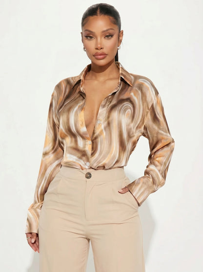 Plus Size Women's Swirl Pattern Button Up Shirt, Long Sleeve Point Collar Loose Fit Blouse