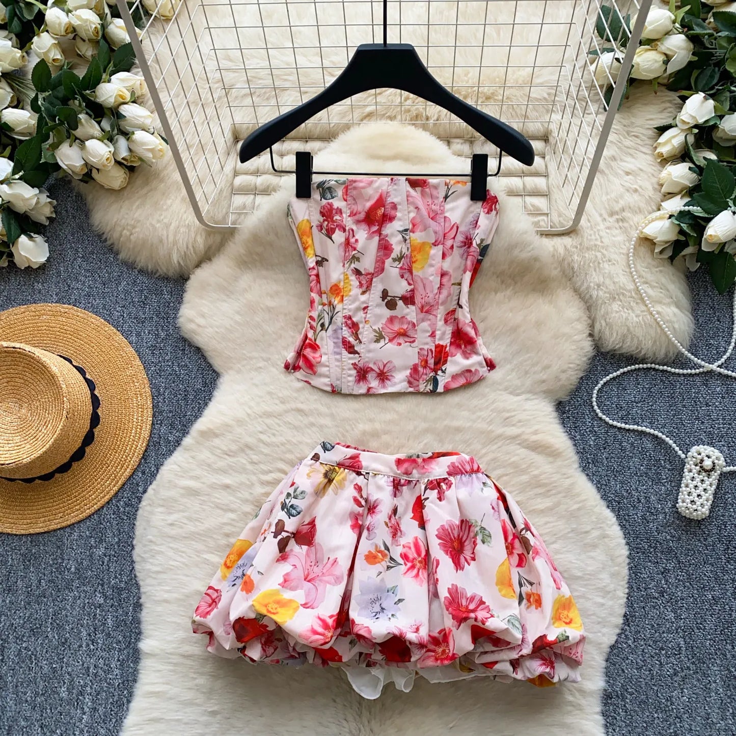 SINGREINY Summer Beach Floral Suits Strapless Sensual Bustier Tank Top+Mini Bud Skirt French Style Women Slim Hotsweet 2Pcs Sets