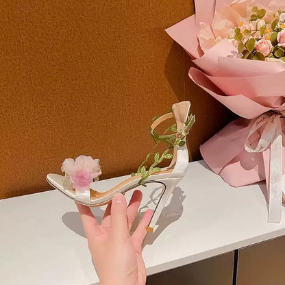 2025 summer new open toed slim heel pink flower fairy style buckle with high heels wedding shoes women's sandals