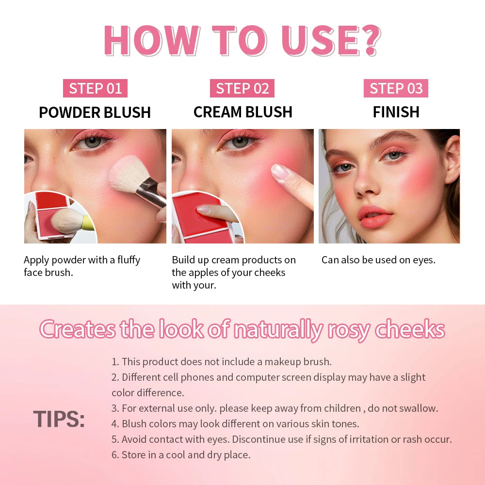 Lakerain Blush Cream Long Lasting High Pigmented Natural Pink Smooth Texture 2 IN 1 Cream & Powder Blusher Korean Makeup